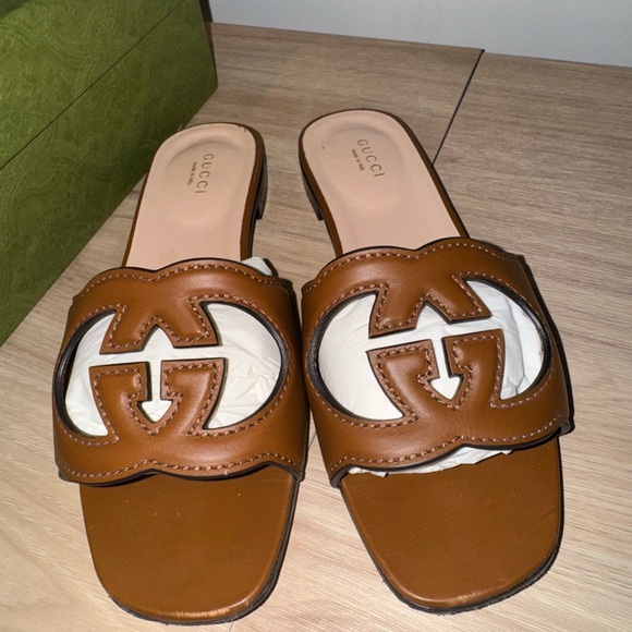 Gucci Tan Curi Leather Slide Sandals Interlocking G - Picture 1 of 7
